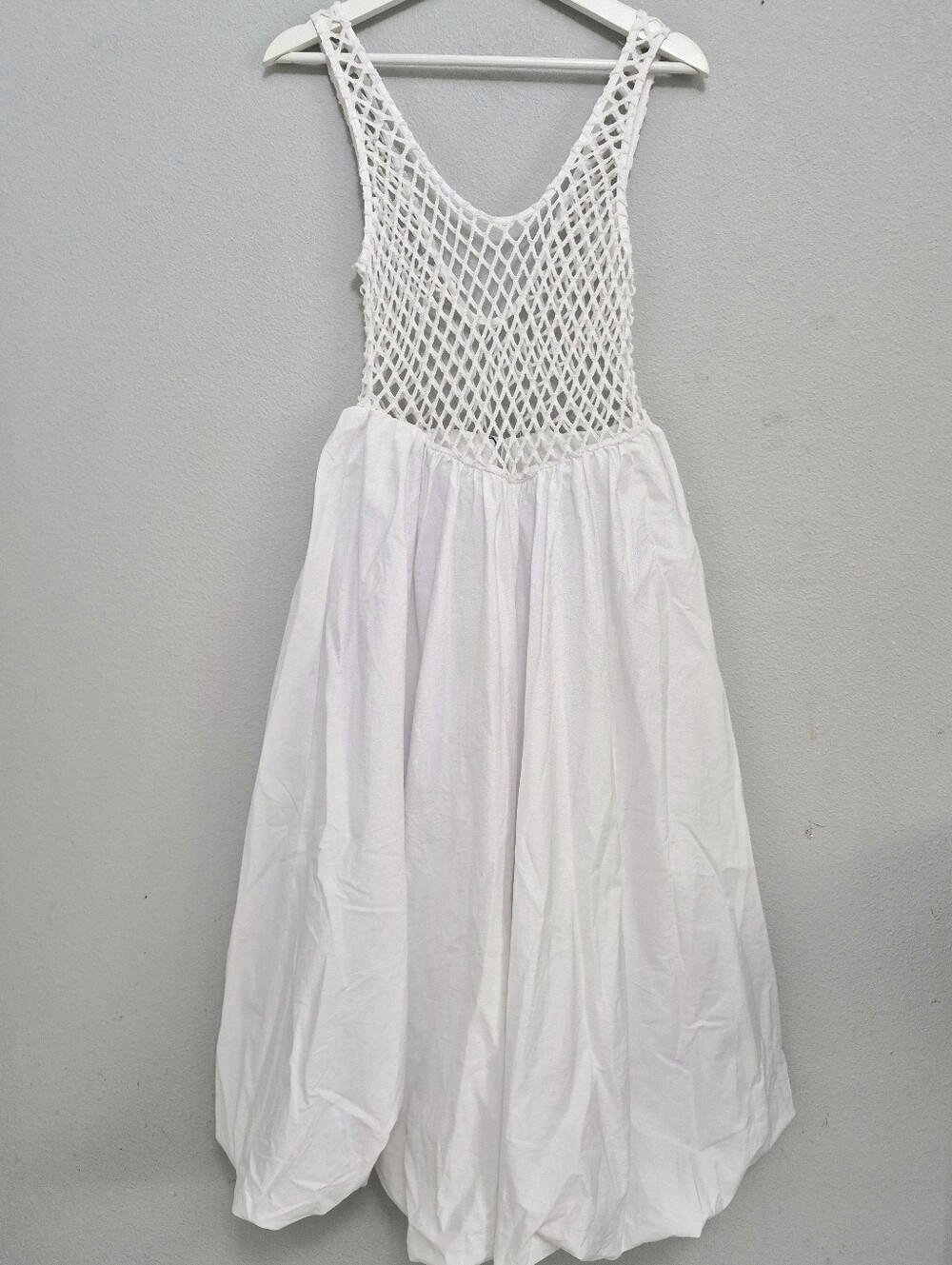 NWT Zara White Crochet Bodice Balloon Hem Bubble Skirt Midi Dress L Boho Chic